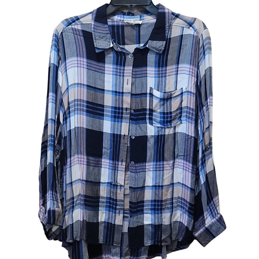 Jane and Delancey Womens 2X Blue Pink Plaid Rayon Roll Tab Button Down‎ Shirt